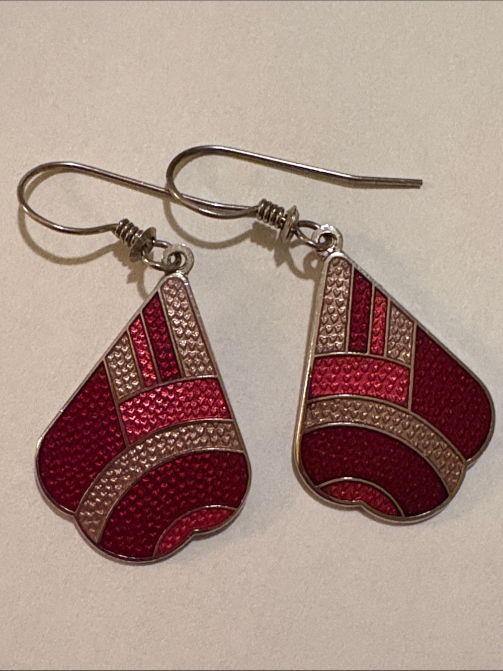 Vintage Roccoco cloisonné hook earrings, Silvertone